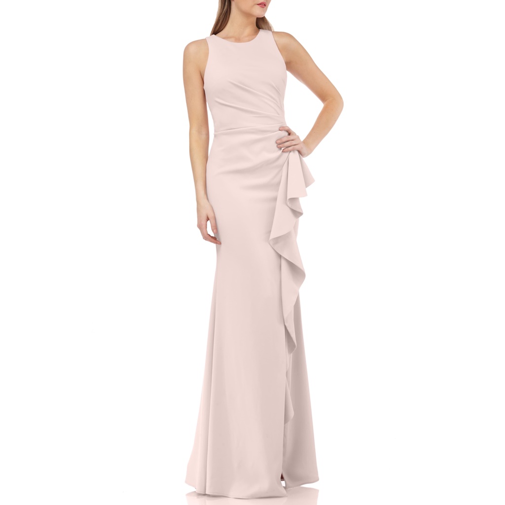 Carmen Marc Valvo Infusion Halter Ruffle Down Gown